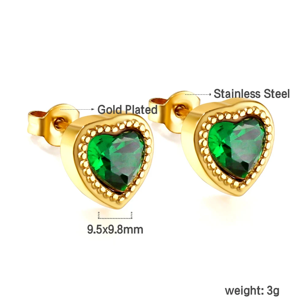 LUXUSTEEL Crystal Love Heart Stud Earrings Golden Plated Stainless Steel Green Black Red CZ Rhinestone Y2K Accessories for Women