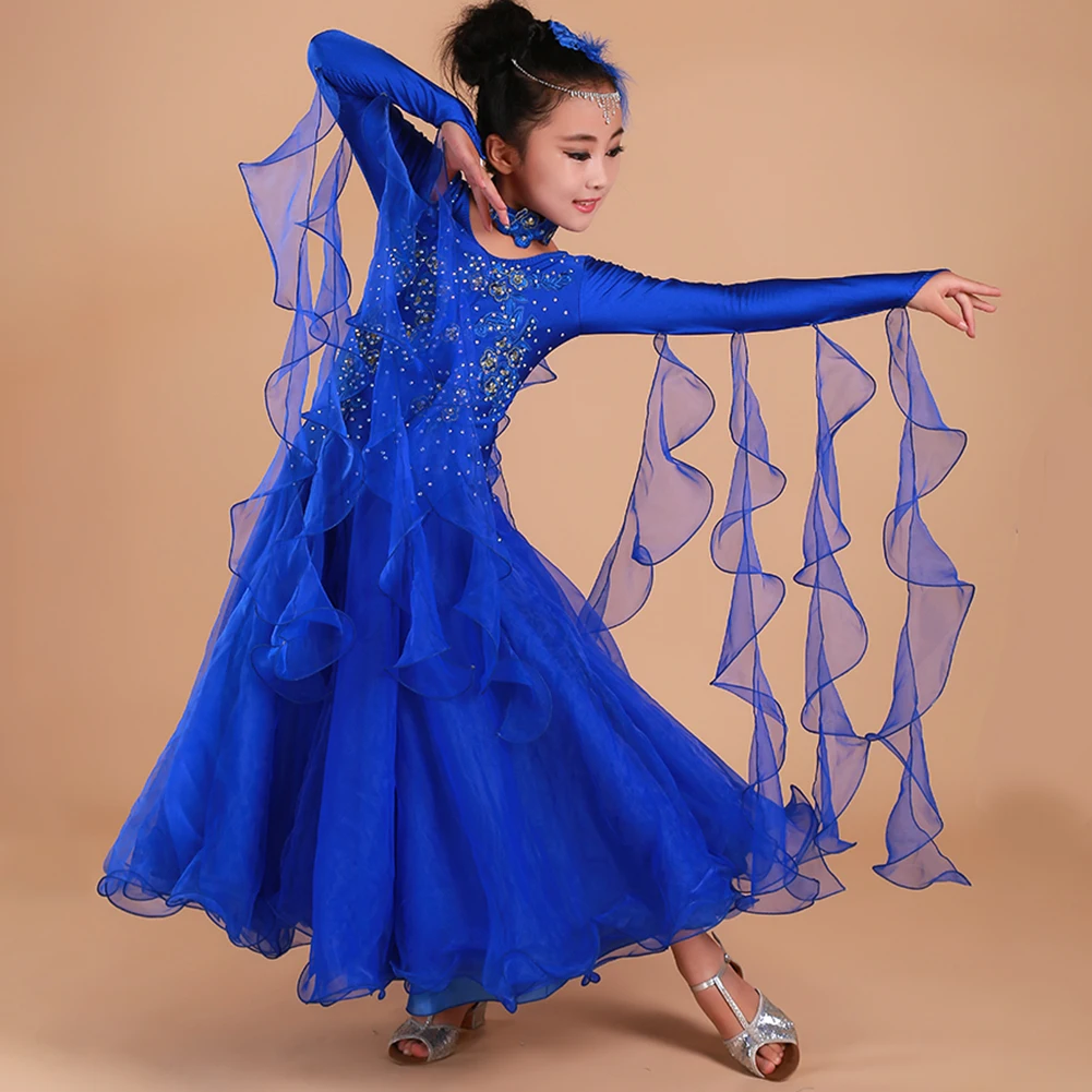 Competition Children's Dance Dress Standard Long Sleeve Purple Prom Girls Dress Yellow Modern Waltz dress Ribbon