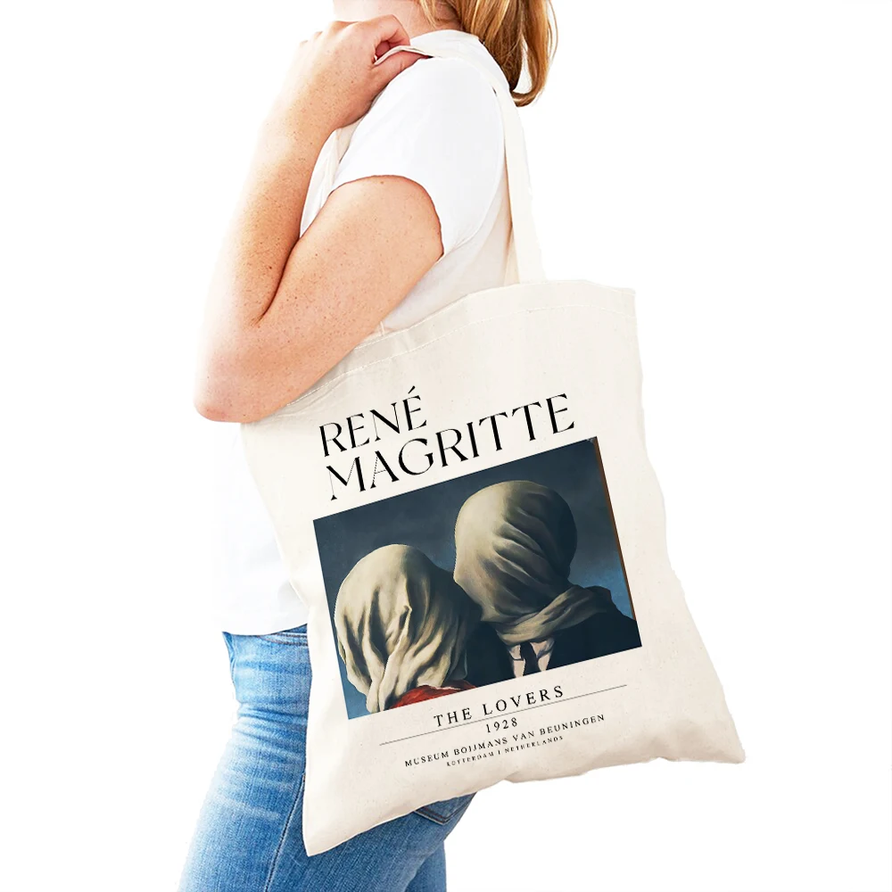 Rene Magritte Women Shopping Bags Double Print Casual Lady Shopper Bag Reusable Canvas Girl Travel Shoulder Tote Handbag