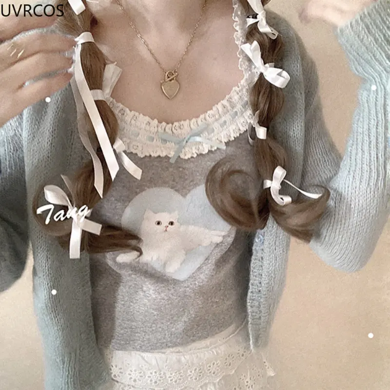 Cute Cat Print Crop Top donna Summer Lace Trim Bow Sweet Vset Japanese Lolita Style estetica Kawaii Clothes Princess canotte