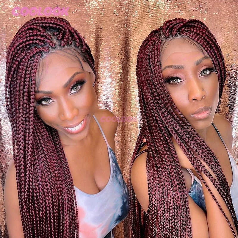 1BBurgundy 36 "Wig Sintetis Kepang Cornrow Wig Kepang Renda Penuh untuk Wanita Kulit Hitam Wig Kepang Kotak Tanpa Simpul