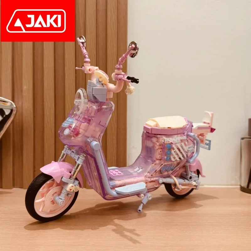 Bloques de construcción JAKI genuinos, modelos de motocicletas con luces, juguetes para bicicletas eléctricas, adornos de moda, regalos de Año Nuevo para niñas