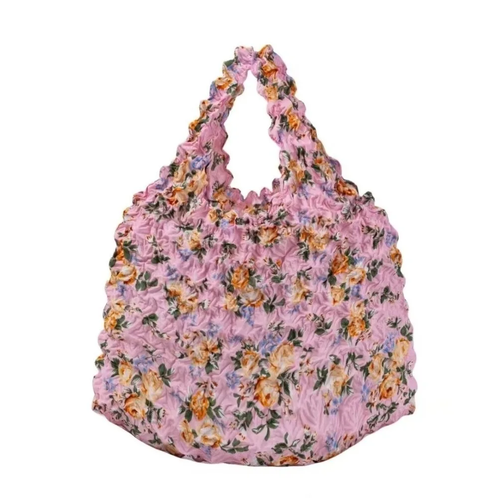 New Floral Pattern Bubble Bag Foldable Expandable Tote Bag Handheld Large Capacity Pleated Shopping Bag Daily & Accessory
