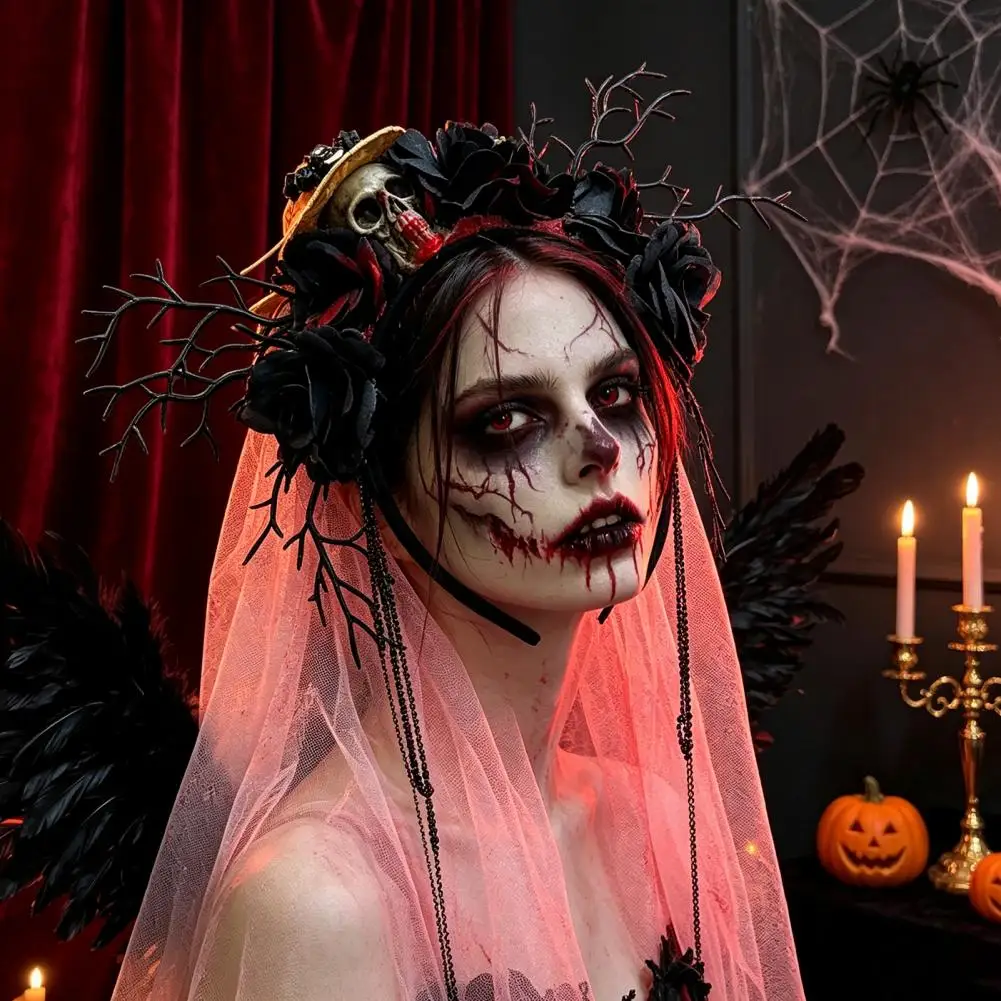Zombie Bride Headgear Flower Headband with Veil Black Rose Skull Hairpiece Day of Dead Witch Bridal Veil Halloween Cosplay