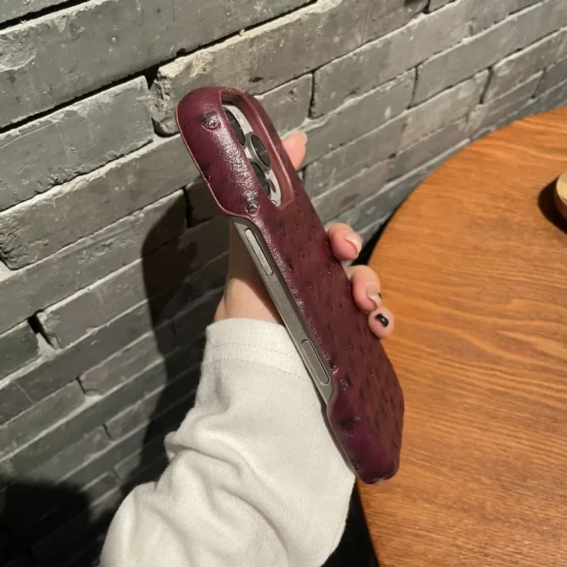 New Leather Phone Case Suitable for iPhone 16promax Ostrich Pattern 15pro 14 Half Pack 13 12 11 Hard Anti Drop Protective Cover - Image 6