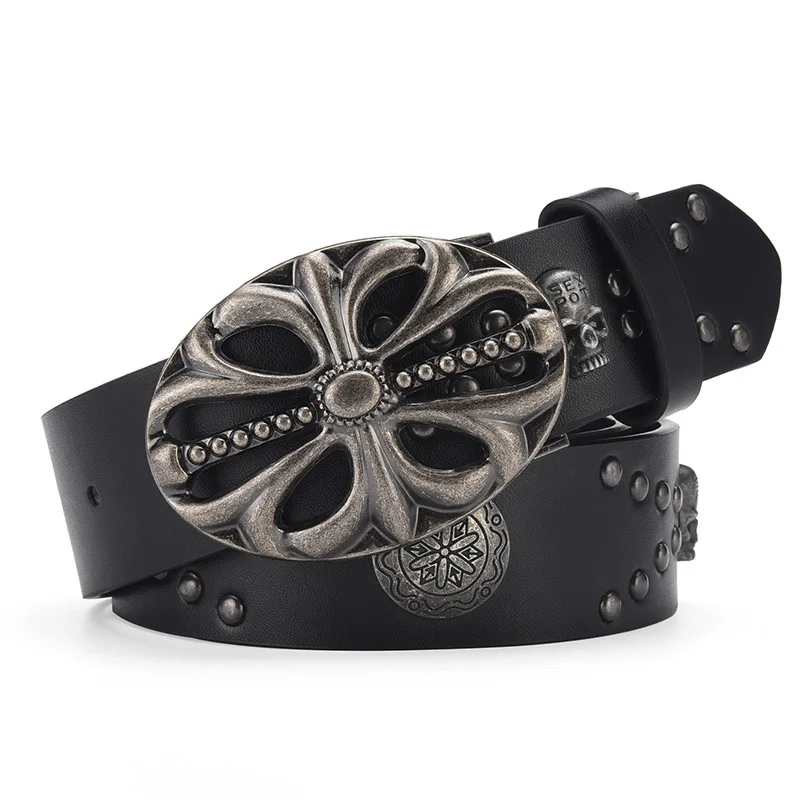 Damengürtel Vintage Bohe Style Gürtel Eingelegter Skelettkopf Punk Rock Coole schwarze Blets genietet und Totenkopfgürtel Y2K Herrengürtel