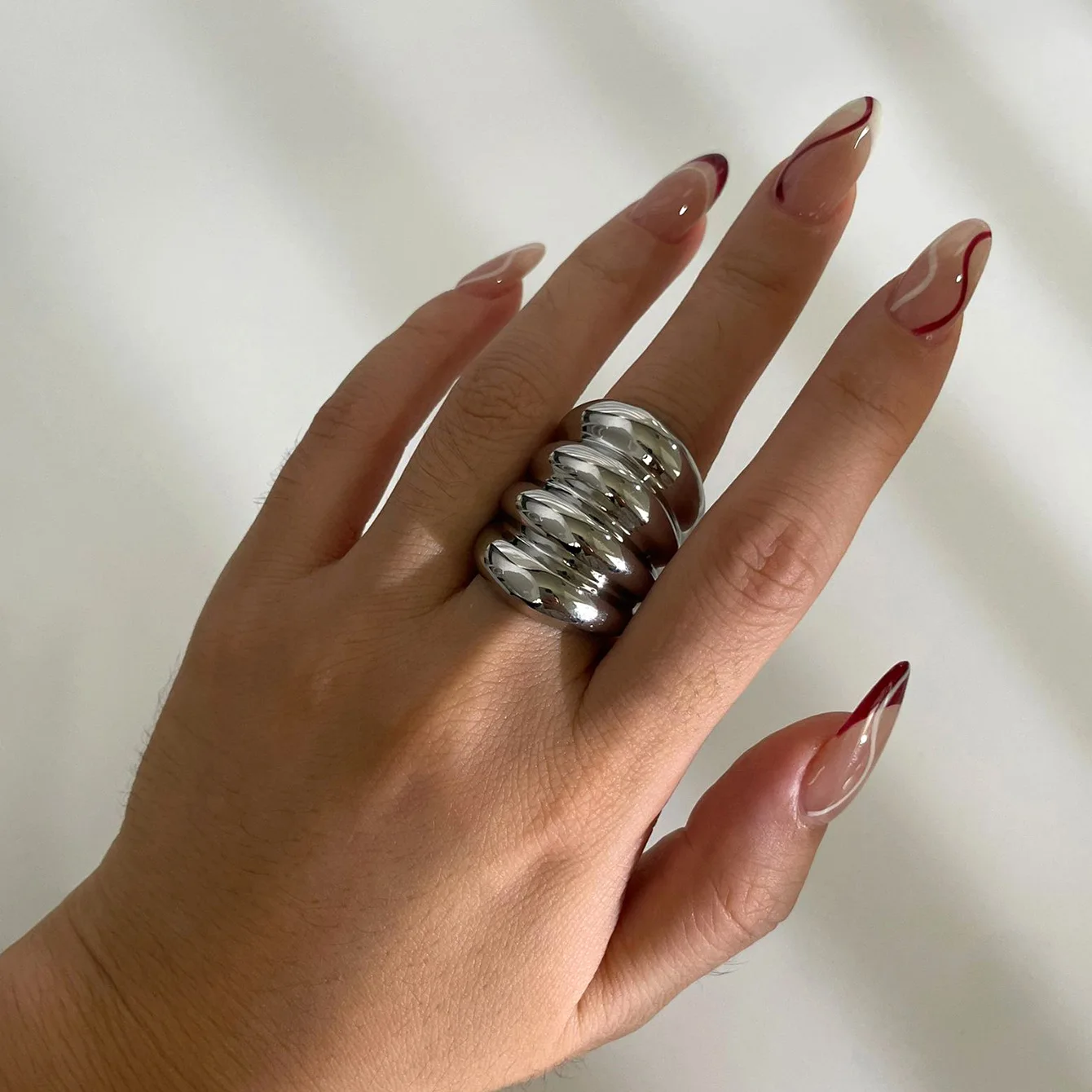 HANGZHI Punk Stainless Steel Four Layers Wide Chunky Curved Ring Irregular Personality Retro Simplicity Geometric Jewelry New