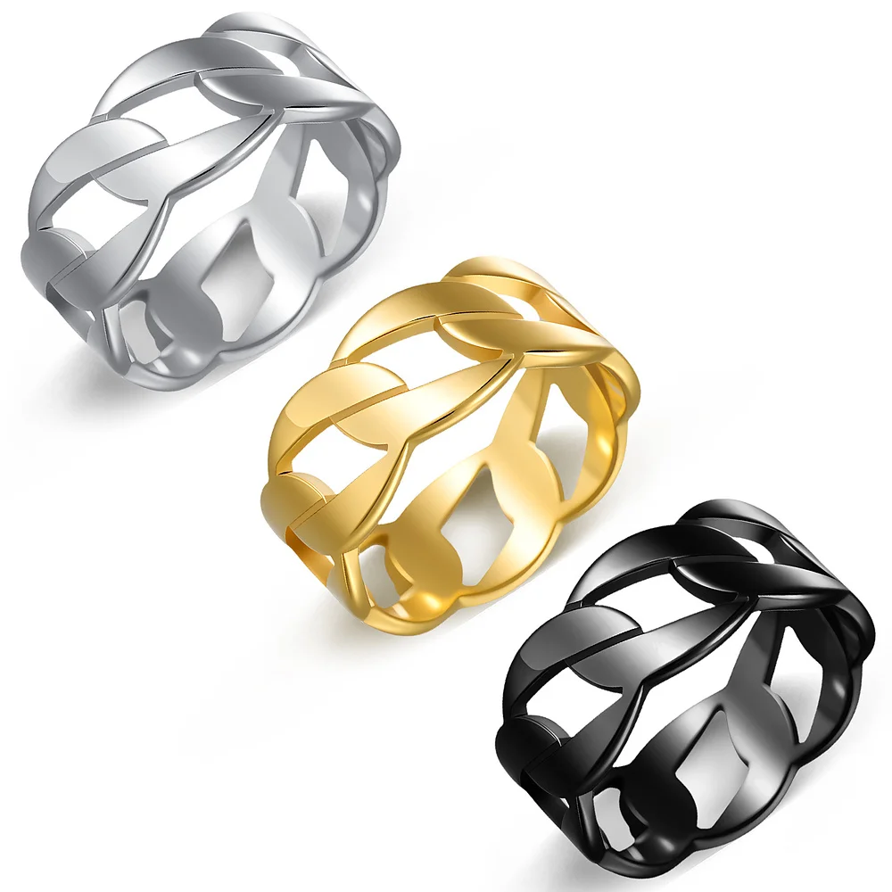 Offener Kettenglieder-Ring für Herren, goldfarben, aus poliertem Edelstahl, Schmuck mit ineinandergreifendem Muster, auffälliger, urbaner Stil. – Detail 1