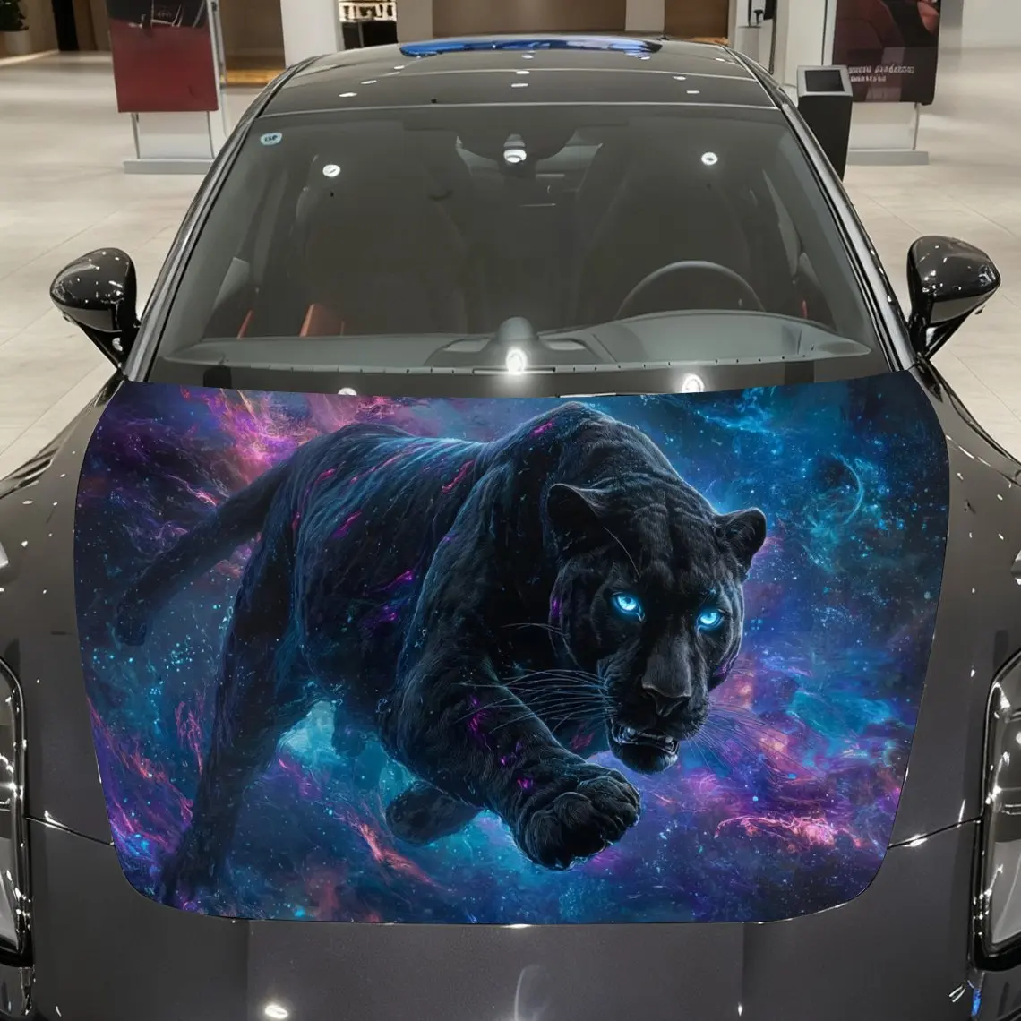 

Blue-Eyed Panther in Blue-Purple Galaxy Car Vinyl Wrap, PVC Material Waterproof Car Hood Sticker, Self-Adhesive Scratch-Resistan
