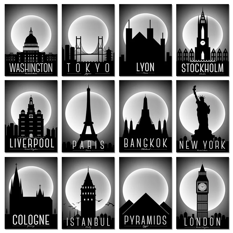 Black and White City Landmark Building Wall Art Paris London New York Posters Moon Canvas Painting Prints HD Pictures Home Decor