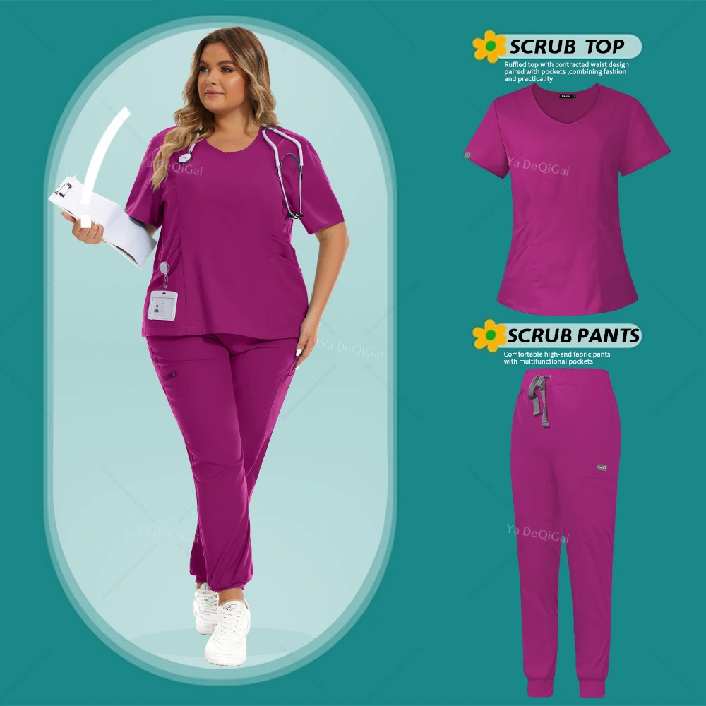 V-Neck uniformes médicos para mulheres, mulheres Scrubs ternos, roupas de beleza, macacão de cirurgia, t-shirt tops, calças jogger, enfermeira set, novo