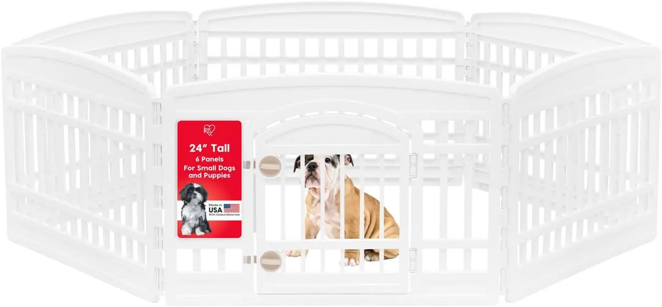 

6-Panel Indoor Dog Playpen with Door, 61x61x24 Inches, White Plastic Pet Pen for Puppies & Small Dogs