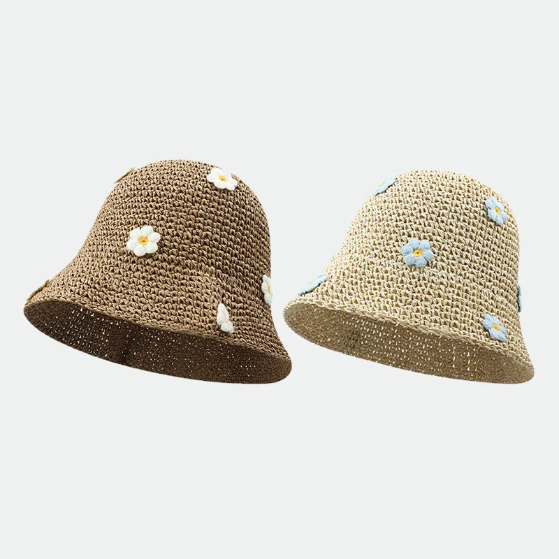 

Summer Sun Hat Wome Straw Crochet Bucket Hat Women's Foldable Panama Cap UV Sun Cap Boho Flower Fishing Hat Vacation Beach Hat