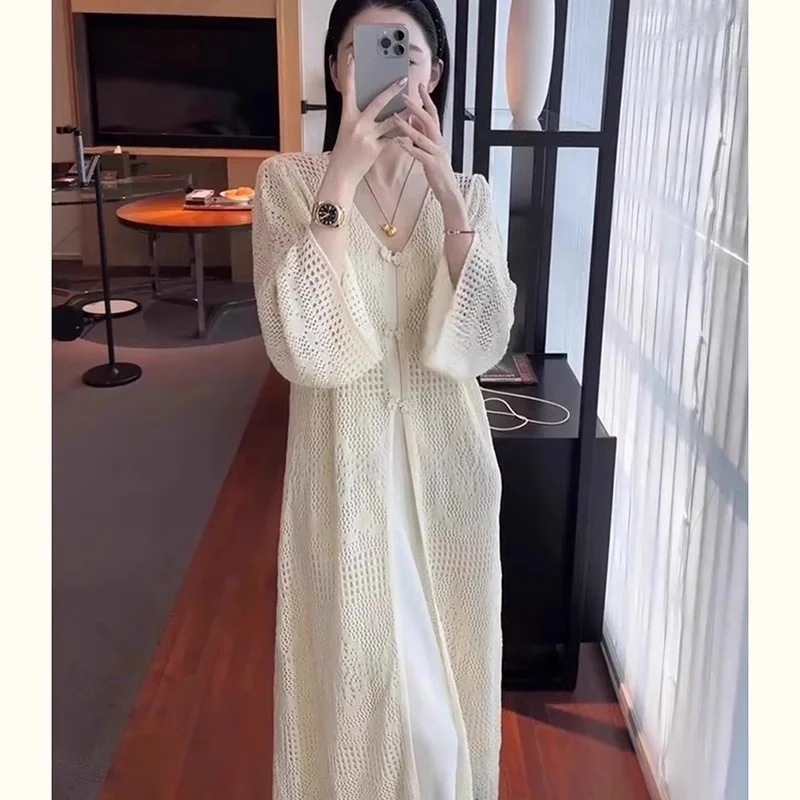 

National Style Buckle Hollow Hook Flower Long Knitted Jacket Summer Gentle Temperament Sunscreen Thin Loose Cardigan w410