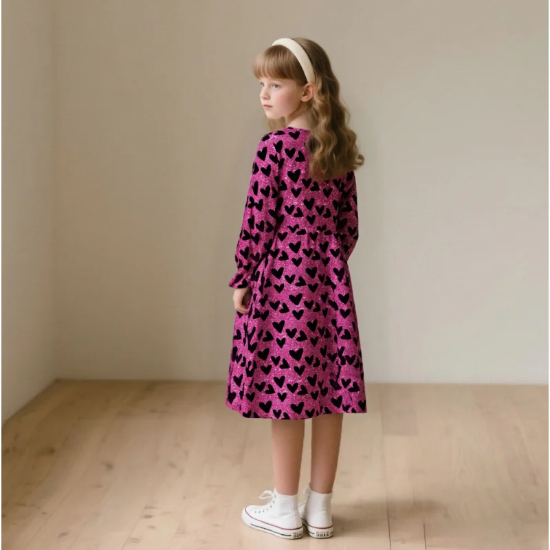 عرض ساخن عبر الحدود: فستان بناتي بأكمام طويلة وطبعة قلب لامع، فستان لطيف وردي واسع على شكل حرف A للأطفال كاجوال & Pa