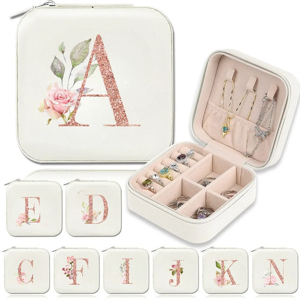 

A-Z Alphabet Print Beige Travel White Storage Box, Jewelry Box with Zipper Closure and Fabric Lining