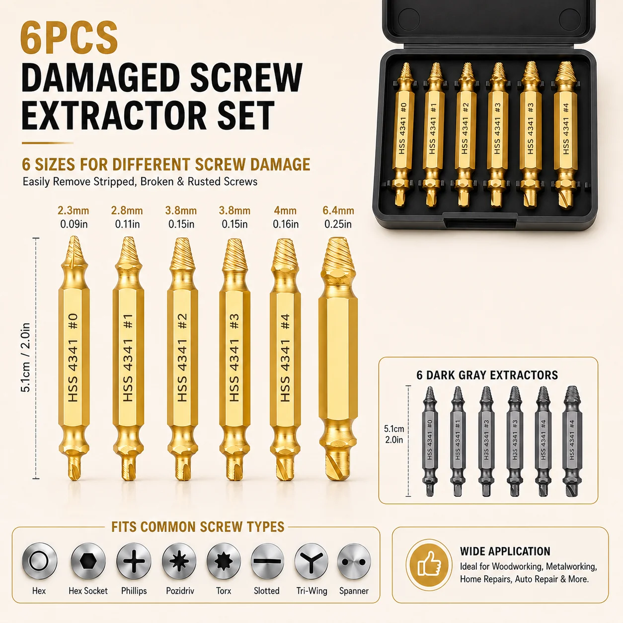 6Pcs Damaged Screw Extractor Set HSS 4341 Stripped Broken Bolt Remover Drill Bit Kit for Easy Out Removal