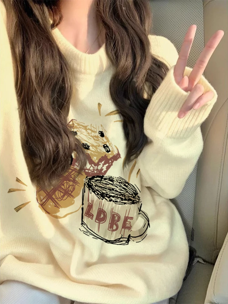 

Retro Japanese Sle Women's Long Sve round Ne Sweater Soft Cozy Design Sensation Lazy Sle Knitted Top