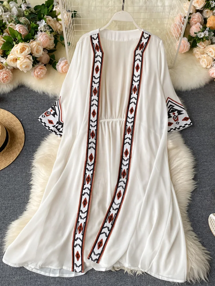 SEDUTMO Summer Bohemian Pareo Beach Kimono Women Embroidery Cover Up Long Fashion Poncho Cardigan Chiffon Shirt ED1875