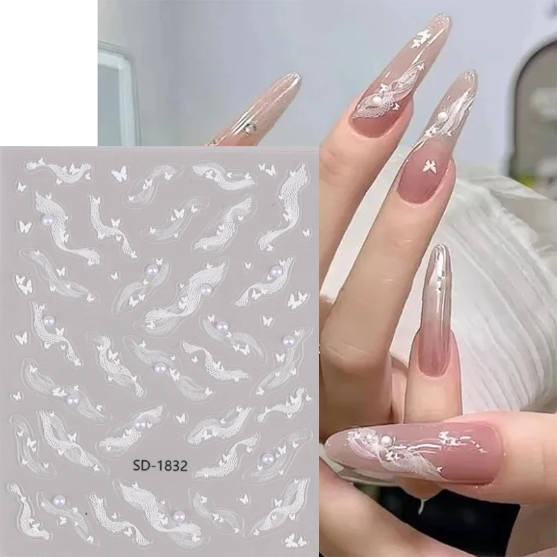 1pcs 5D Diamond Japanese White Lace Bow Nail Art Stickers Pearl Rhinestones Nail Decoration Adhesive Decals Slider DIY Accessory