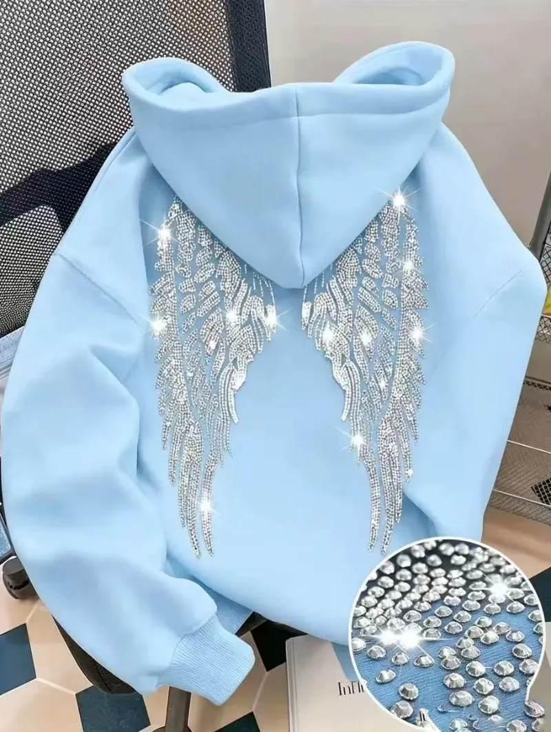 Leisure Spring and Autumn Sweater Wing Print and Hot Rhinestone Two Styles Women's Long-sleeved Pullover Hoodie