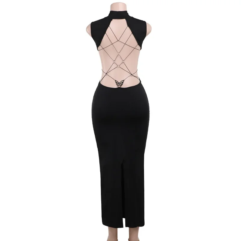 Butterfly Backless Sexy Evening Party Club Birthday Y2K Maxi Dress Outfits Women Summer Stand Collar Sleeveelss Bodycon Dresses