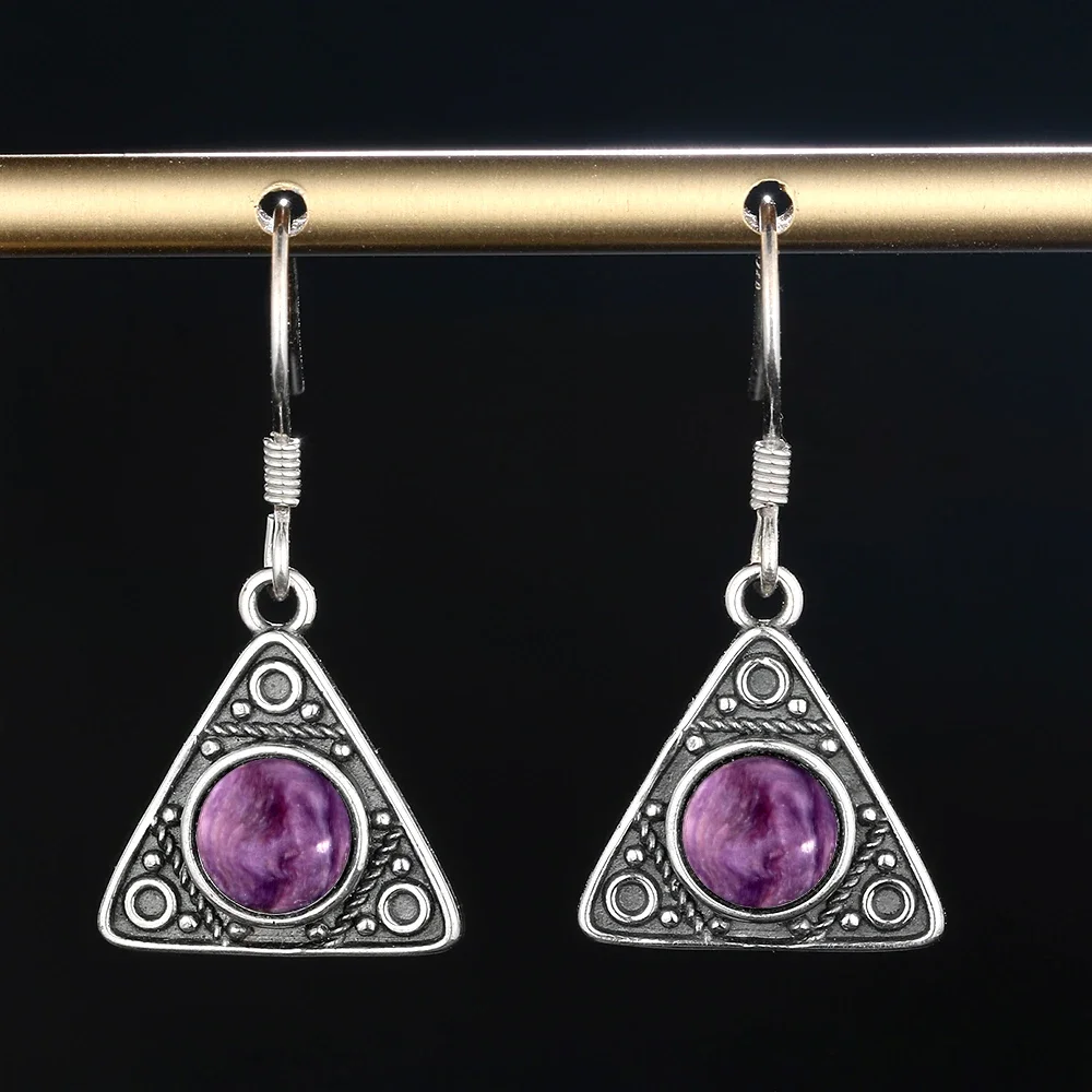 

S925 Sterling Silver Drop Earring 6MM Round Charoite Ear Jewelry for Women Vintage Triangle Pendant Earrings Gift