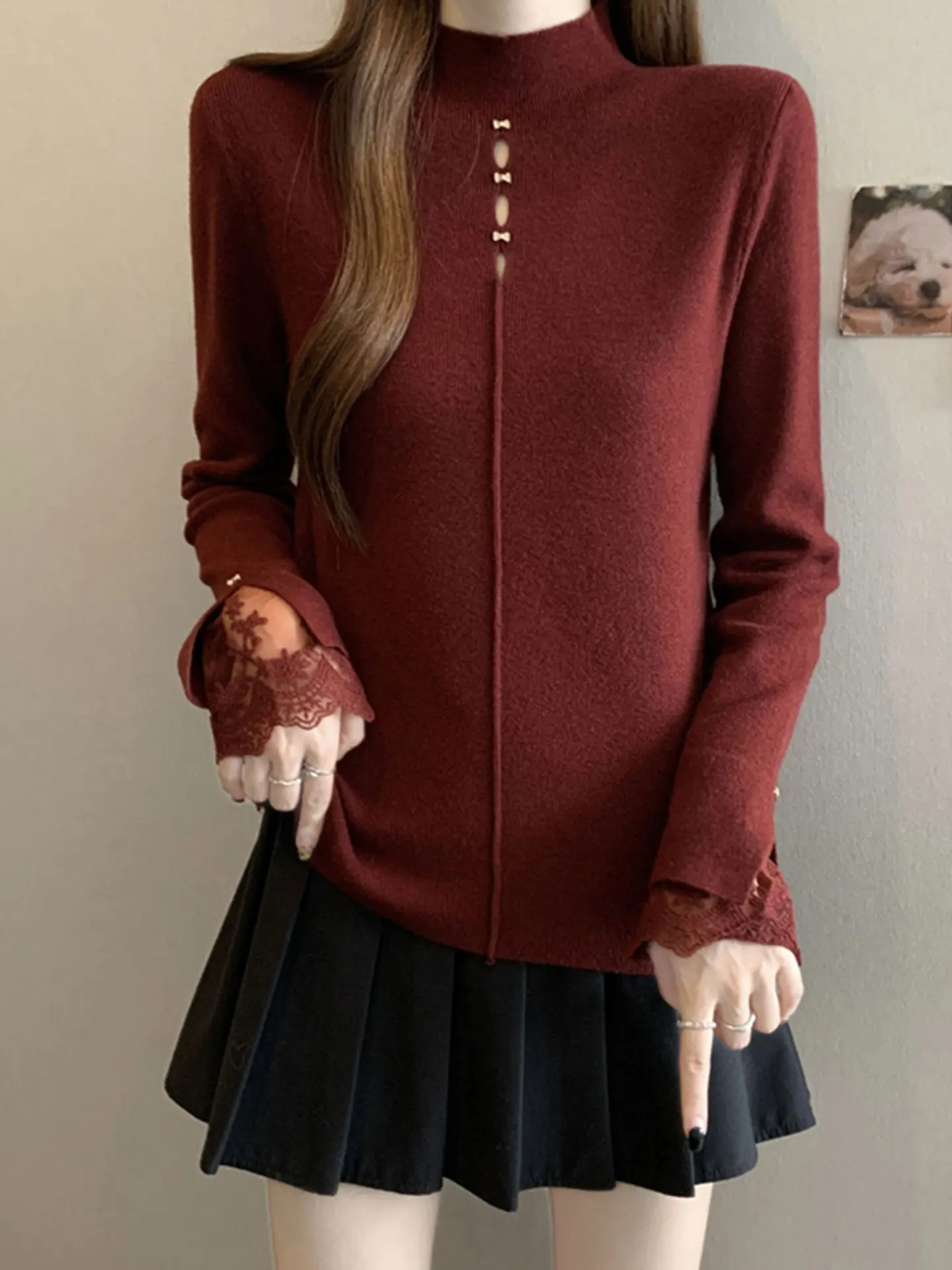 

Elegant Wine Red Long Sleeve Knitted Top Women's plus Size Base Shirt Trendy Autumn Winter Fashion Casual Slim Fit Innerwear