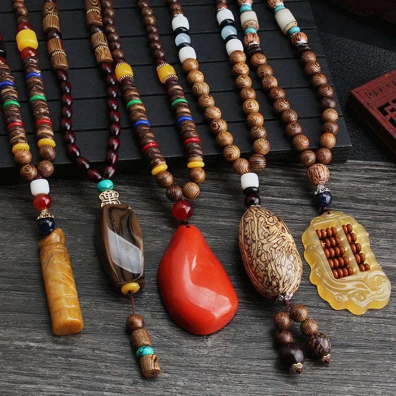 Unisex Handmade Necklace Nepal Buddhist Mala Wood Beads Pendant & Necklace Ethnic Fish Horn Long Statement Men Women's Jewelry