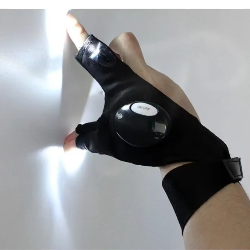 ハンズフリーled作業用手袋。指先が開いたタイプで、調整可能なストラップ付き。アウトドアでの釣り、メンテナンス、キャンプに最適。