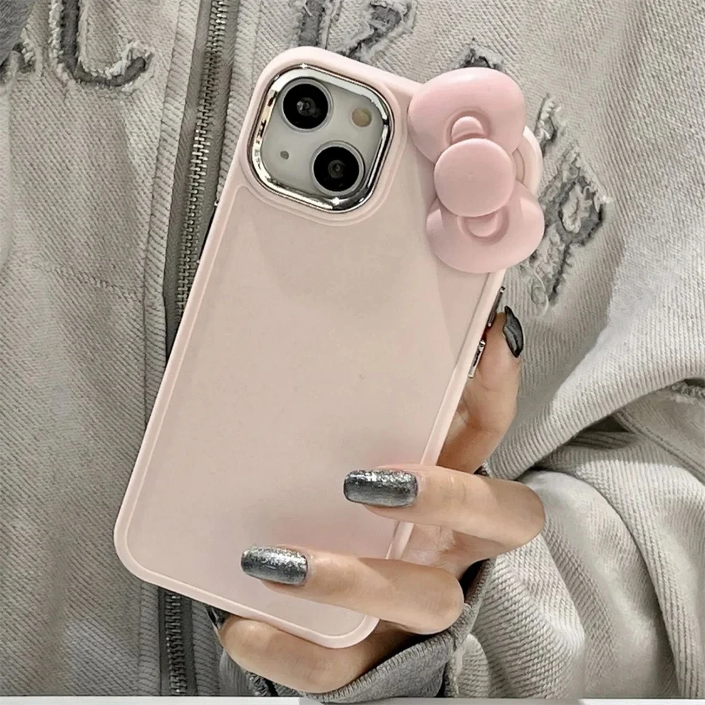 Korean Cute 3D Pink Bowknot Phone Case For iPhone 16 15 14 13 12 11 Pro Max X Soild Color Shockproof Soft Silicone Luxury Cover