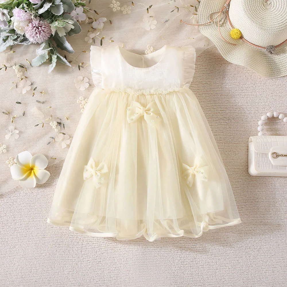 Girls Spring Dress New Korean Version Bow Small Flying Sleeves Baby Red Tank Top Skirt Sleeveless Spliced Mesh Princess Dress