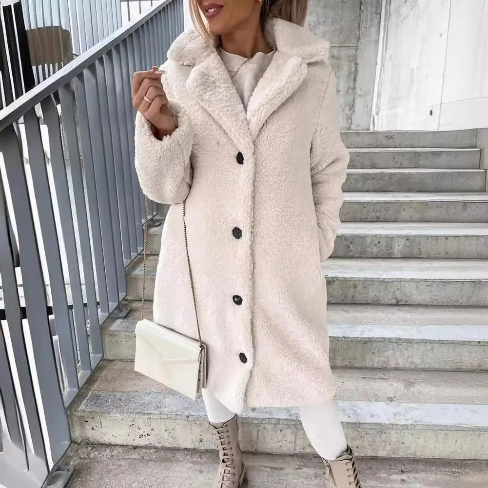 

Plush Material Women Coat Cozy Winter Women's Fleece Jacket with Turn-down Collar Button-down Closure Mid Length Stylish Heat