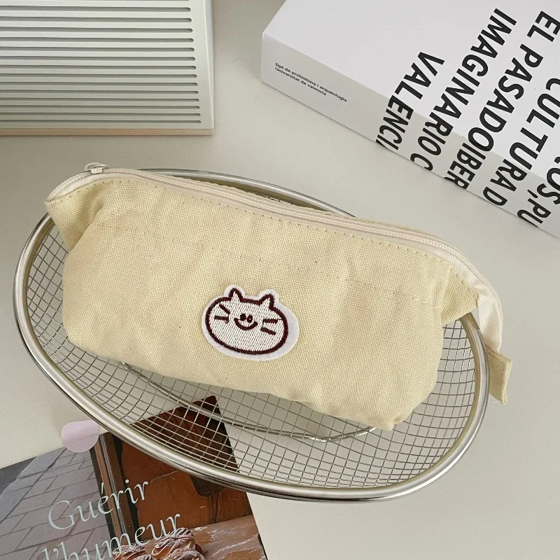 1pc High Capacity Cat & Dog Pattern Canvas Pencil Case, Cosmetic Bag, Fresh And Stylish Stationery Pouch Back To School Gift