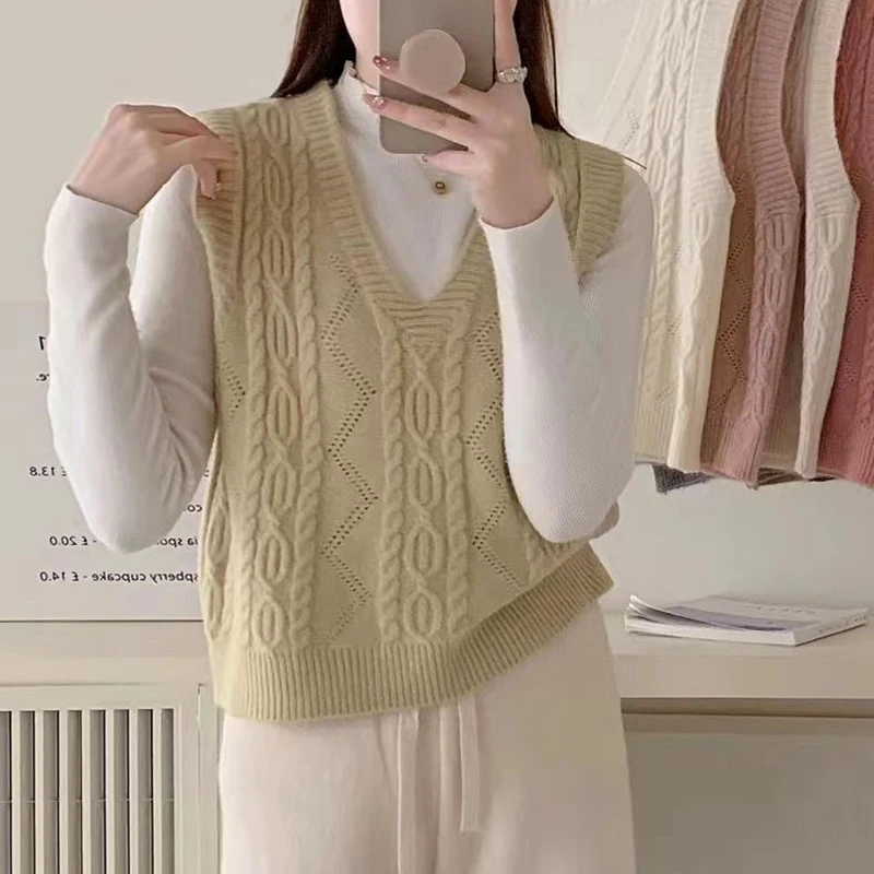 HELIAR Women V-neck Sweater Vest Solid Sleeveless Preppy Style Sweet Knitted Vest Female Casual Pullover Waistcoat Fall Winter