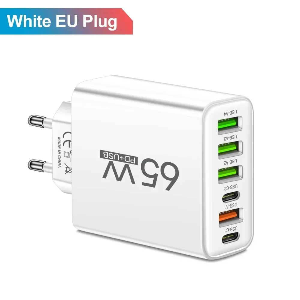 6 Ports 65 W USB PD Ladegerät Schnellladung Typ C Telefon Ladegerät Adapter für iPhone Samsung Xiaomi USB C Schnellladung Wandladegerät
