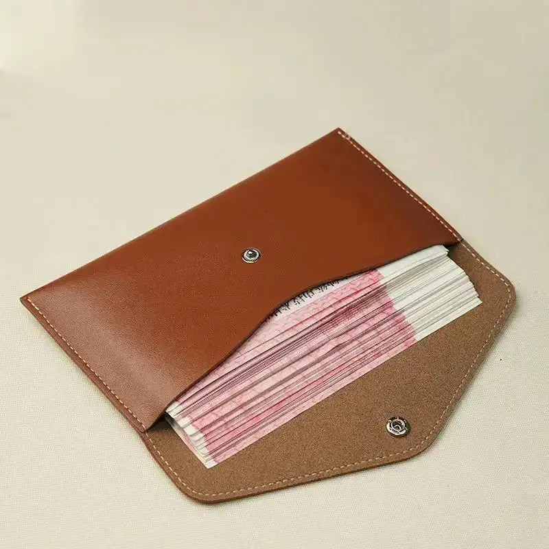 Unisex Classic Long Leather Wallet Snap Button Envelope Pouch Wear Resistant Cash Storage Bag for Business
