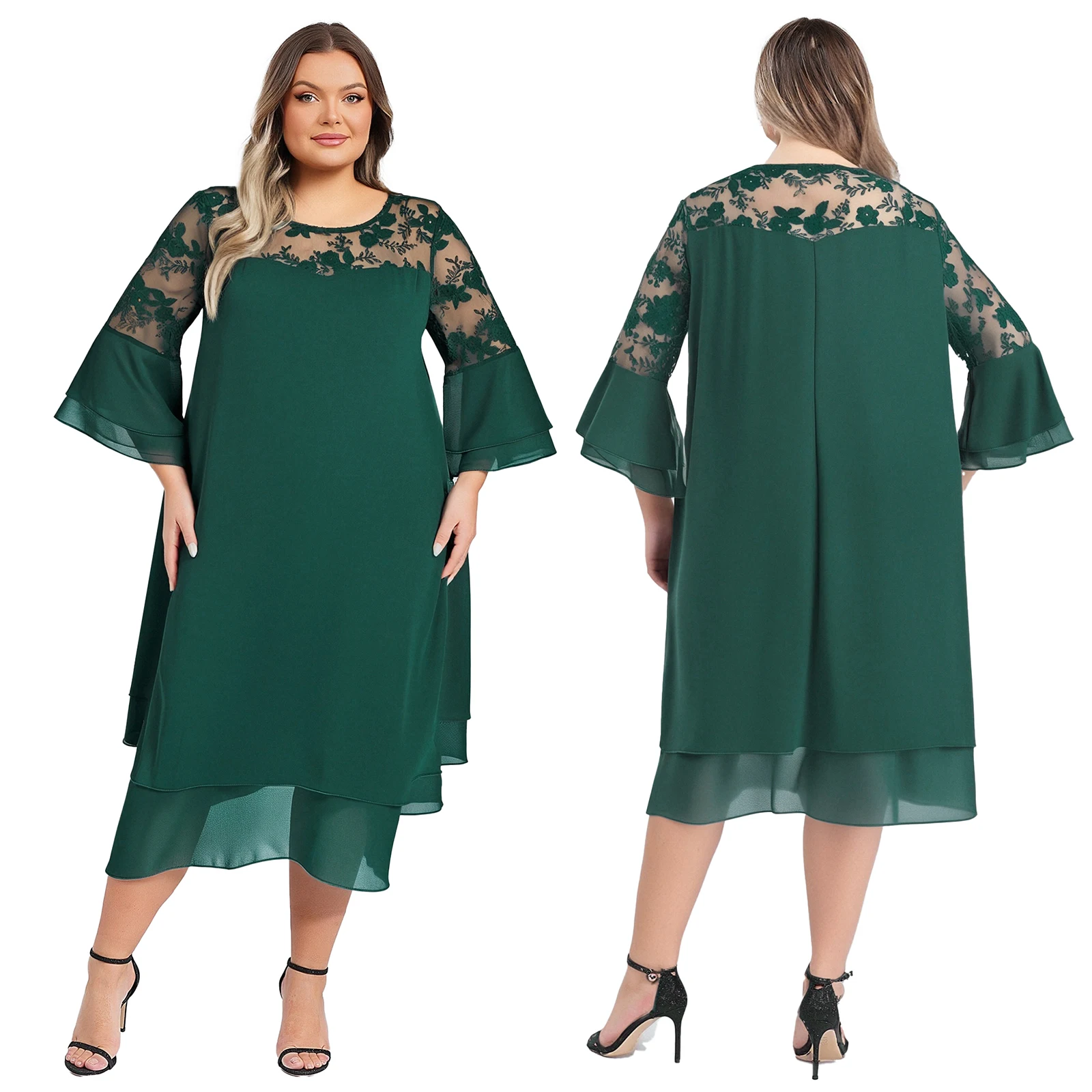 Women Elegant Solid Color Round Collar Mid-length Flared Sleeves Lace Embroidery Patchwork Oversize Calf Length Party Dress