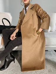 Classic High-end Hepburn Feng Shui Ripple 100% Camel Cashmere Coat with Lace-up Slim Fit Medium-length Woolen Coat for Women