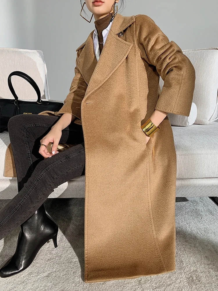 Classic High-end Hepburn Feng Shui Ripple 100% Camel Cashmere Coat with Lace-up Slim Fit Medium-length Woolen Coat for Women