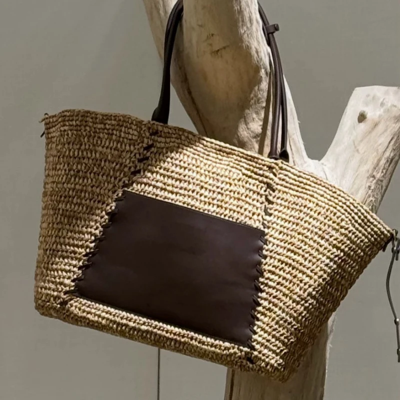 Raffia-Stroh Gewebte Leder-Patchwork-Tragetasche, Damen Große Kapazität Sommer Strand Urlaub Schultertasche, Reise-Pendler-Handtasche – Detail 2