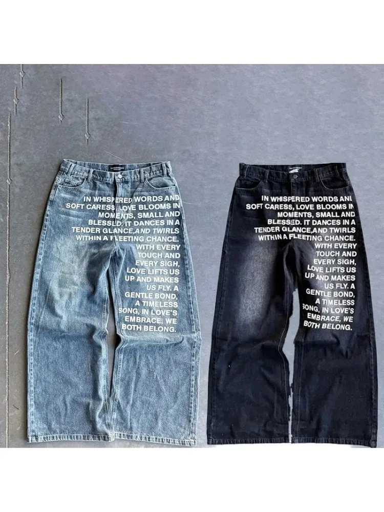 Deeptown Vintage Letter Print Women Man Jeans Y2k Harajuku Washed Wide Leg American Style Denim Pants Baggy Hip Hop Streetwear — zdjęcie 2
