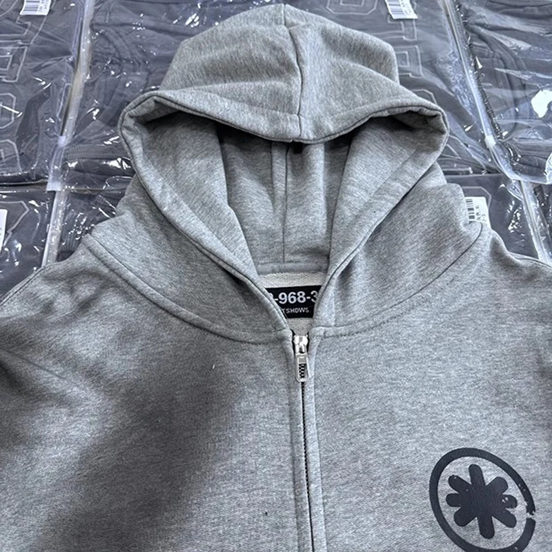 Stain Washed Lost Shdws Hole Damaged Zipper Hoodie Jacket Men Women Flame Flower Print Sweatshirts Oversized Hooded Pullovers