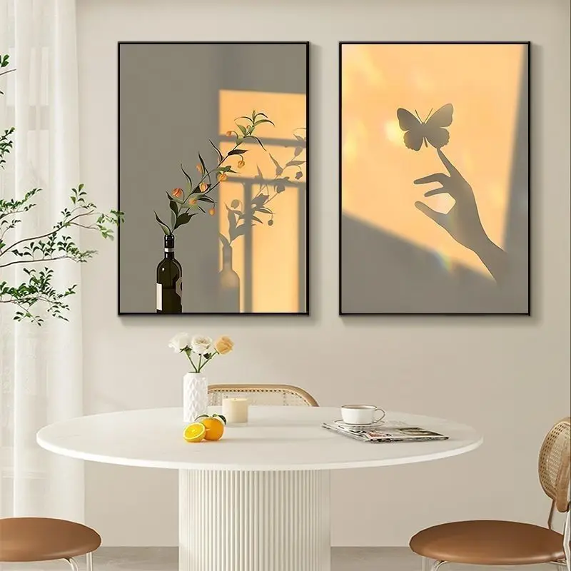 Impressions sur toile florales minimalistes au thème du coucher de soleil, art mural floral avec vase et ombre de fenêtre, affiche douce et chaleureuse sans cadre, décoration esthétique pour la maison