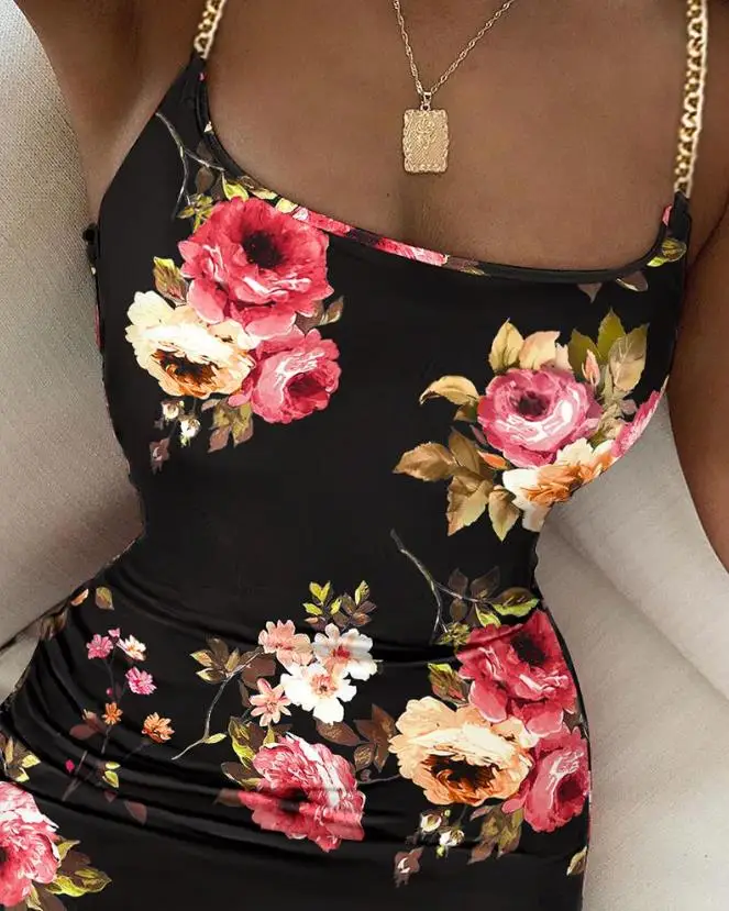 Women's Dress Elegant Party Sexy Dress Summer Fashion Floral Print Chain Decor Strap U-Neck Sleeveless Bodycon Midi Dress