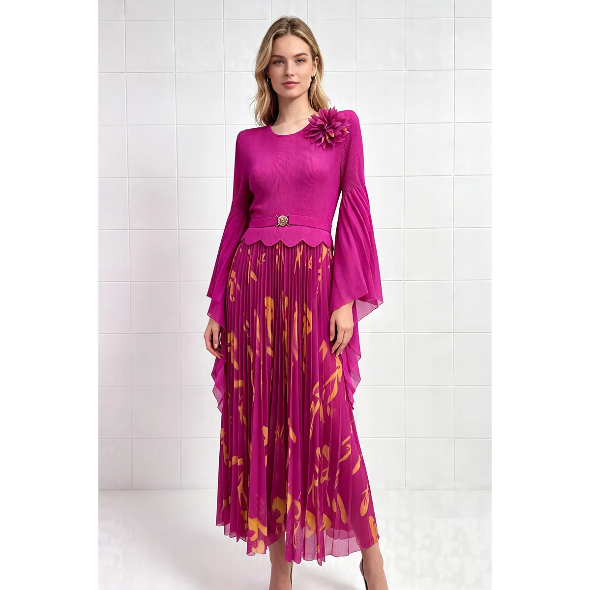 Vestido Plisado Miyake con Estampado Floral Fucsia, Manga Campana, Flores 3D en el Hombro, Cinturón, Falda Midi, Elegante Vestido de Fiesta para Mujer