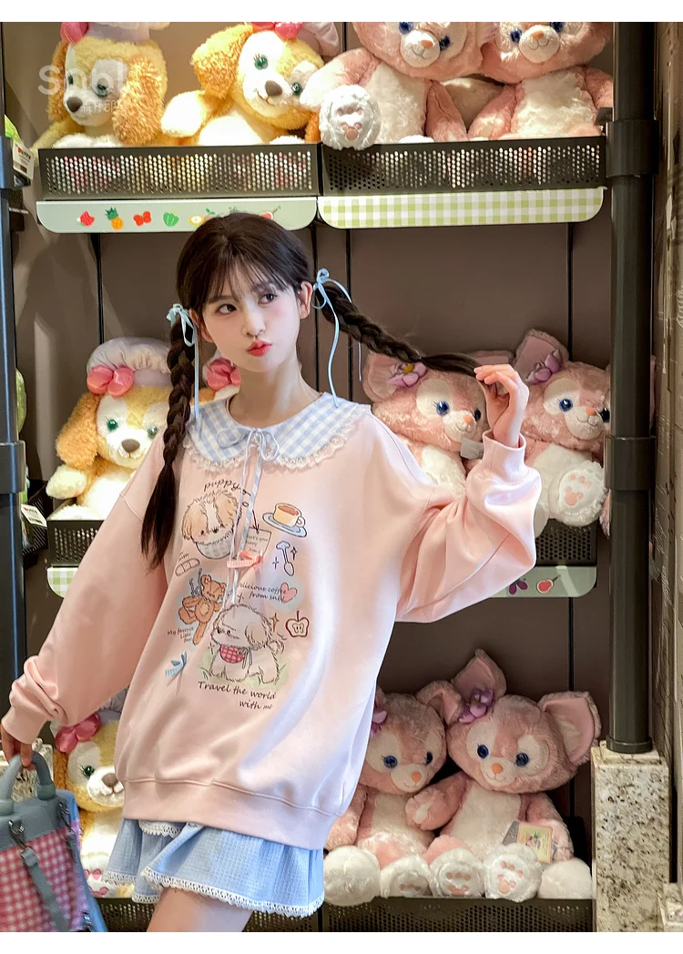 2025 Spring and Autumn New Women's Sweet Cute Cartoon Print Pink Round Neck Pullover Loose Long Sleeve Casual Hoodie