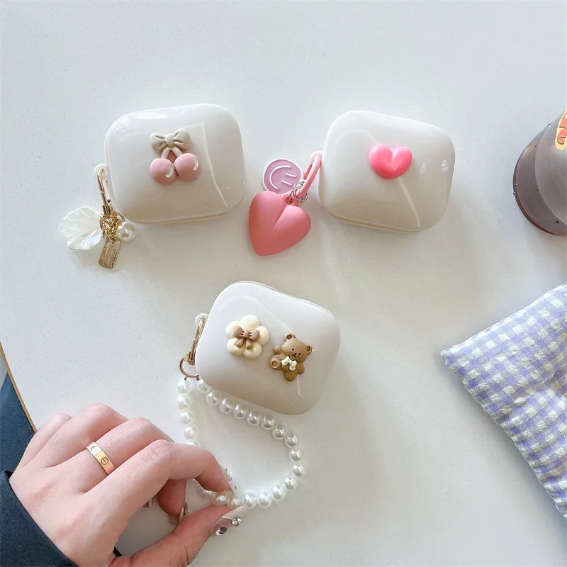 Cute Bear Flower Silicone Case for Redmi Buds 6 Active Soft Shockproof Full Cover Earphone Shell with Pearl Bead Lanyard