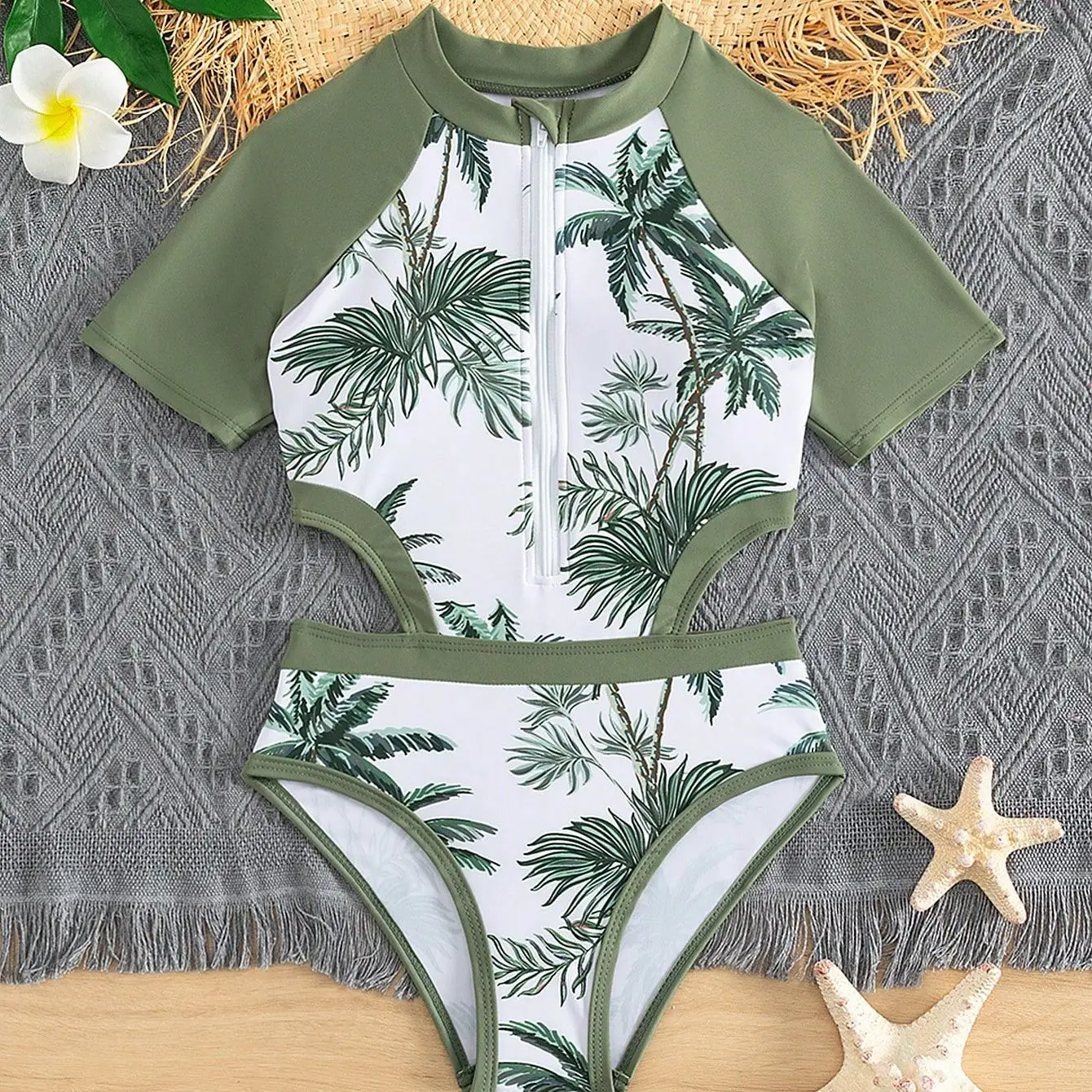 Girls Beach One Piece Swimsuit 7-12 Year Kids Swimsuits Zipper Surf Suits Children's Swimwear 2024 Palm Tree Print Bathing Suit