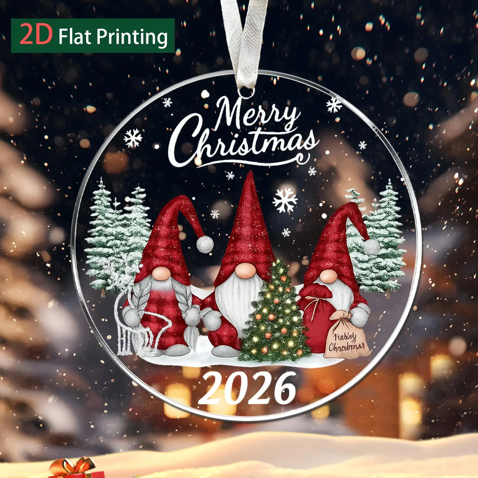 2D Flat Printing Round Acrylic Christmas Ornaments Cute Gnome Tomte Hanging Decor Merry Christmas Tree Pendant 2026 Holiday Fami